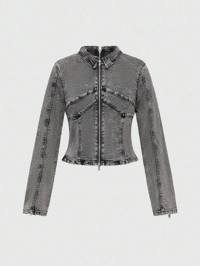 Grunge Punk Chaqueta de mezclilla vintage Y2K con cremallera de doble cabeza, desgastada