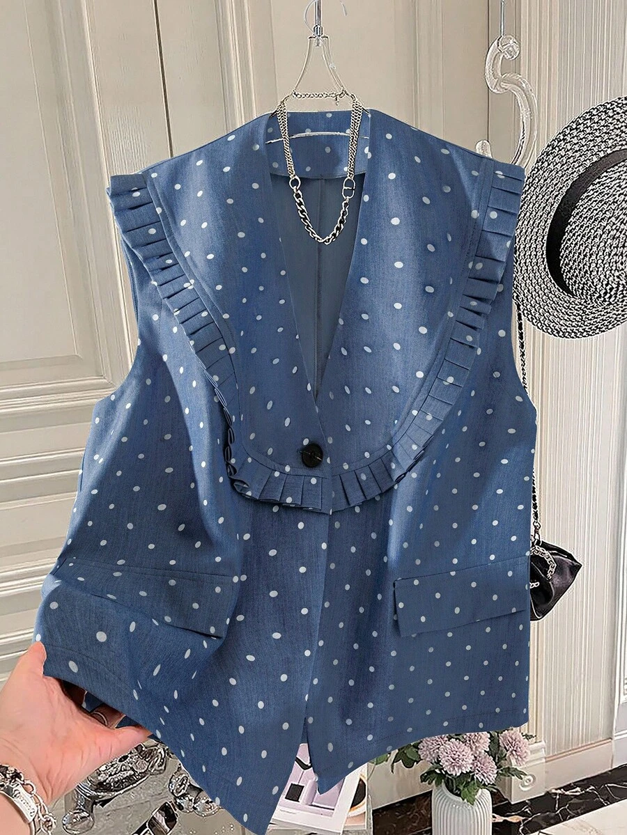 GlowEve CURVE Rompi Tanpa Lengan Motif Polkadot Ukuran Besar dengan Hem Berlipit, Potongan Longgar, Desain Saku Palsu - Biru - View 1