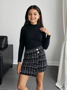 Firerie Kids Casual Commuter Round Neck Black Bodysuit & Plaid Mini Skirt Set, Suitable For Christmas And Halloween, Autumn/Winter