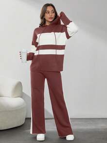 SHEIN Tall Two Tone Drop Shoulder Drawstring Hooded Sweater & Split Hem Knit Pants - Dusty Pink - View 3