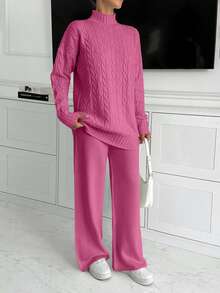 Bộ đồ hai mảnh áo len cổ cao và váy len dài cho nữ 2 món - Hồng - Xem 4