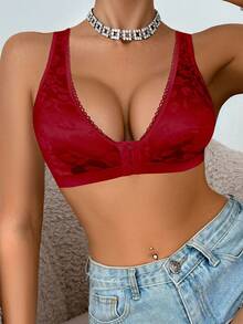 SHEIN 1pc Women's Front Closure Wireless Bra, Christmas - Red - View 3