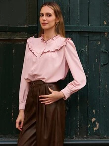 lacRébo Pastel Pink Blouse With Contrast Seam Ruffle Detail And Long Sleeves Spring Women Clothes Spring Outfits Spring Women Clothes Spring Summer Office Top Business Casual Top - Baby Pink - View 7