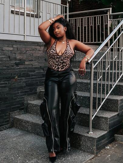 PeachySprinkles Y2K 复古豹纹 V 领带骨扣眼前部系带后部吊带束身衣塑身衣派对短款背心前卫性感音乐节