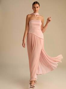 Enchnt 秋冬浪漫女士粉色褶皱公主风抹胸连衣裙，领口系带，时尚优雅，适合派对、约会、假日、毕业典礼、外出、万圣节、圣诞节等场合，秋季女装，秋季服装，秋季套装，狂欢节、新年女装 - 粉色 - 查看 6