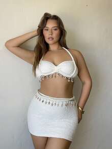 Nezia Cruz 2pcs Set: Rope, Starfish & Shell Pendant Decorated Cropped Tank Top And Mini Skirt - Apricot - View 1