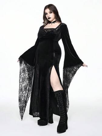 Goth Vestido de manga acampanada de terciopelo vintage estilo gótico con abertura en el bajo para mujer de talla grande, otoño/invierno