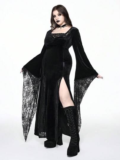 Goth Abito vintage gotico in velluto con maniche a sbuffo, orlo spaccato, per donna, adatto per autunno/inverno, taglie comode