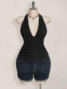 SHEIN ICON 大码露背深 V 领褶皱 A 字形露背波尔卡圆点吊带背心、复古 Y2K 露背波尔卡圆点吊带背心、娃娃装波尔卡圆点露背上衣 - 黑與白 - 查看 3