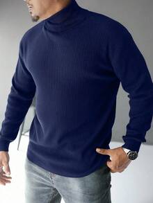 Manfinity Mode Áo len cổ lọ tay dài màu trơn cỡ lớn dành cho nam, mùa thu/đông - Màu xanh hải quân - Xem 3