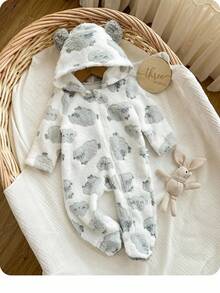 新生女婴可爱毛茸茸卡通图案连帽连体衣，秋冬 - 米色 - 查看 4