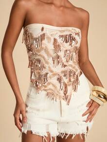 Travachic 女式时尚亮片流苏不对称下摆抹胸上衣，夏季 - 杏色 - 查看 7