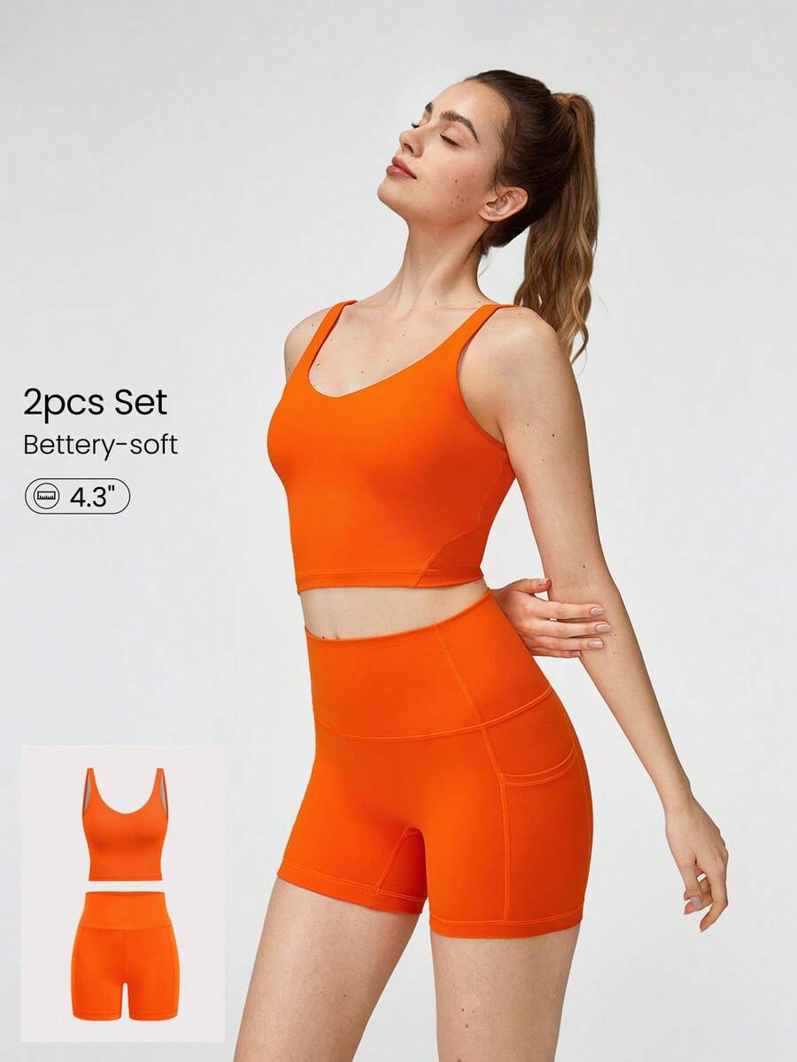 GLOWMODE FeatherFit™ U-Back Cropped Active Tank & 4.3" Tummy Control Biker Shorts Set Low Impact Yoga Daily - Orange - View 1