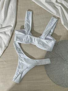 Swim Chiccia 女士纯色粗肩带金属装饰度假泳装套装 - 白色 - 查看 4