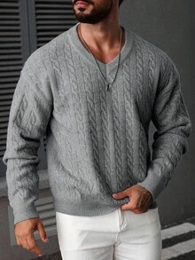Manfinity Homme Men's Fashion Casual Cable V-Neck Long Sleeve Knit Sweater, Fall/Winter - Light Grey - View 5