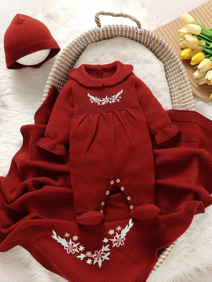 SHEIN 3pcs Newborn Baby Girl Outfit Set: Embroidered Peter Pan Collar Jumpsuit, Hat, And Knit Blanket Red Newborn Dress Red Baby Outfits Cherry Baby Outfit Dress Christmas For Baby Girl Christmas Outfit Dress Christmas For Baby Gil