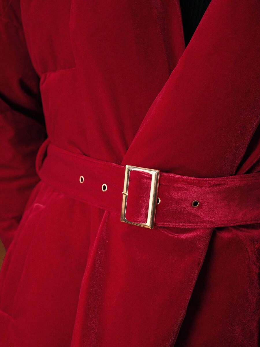 MOTF PREMIUM VELVET SOLID SHAWL COLLAR BUCKLE BELTED PADDED COAT - Red - View 2