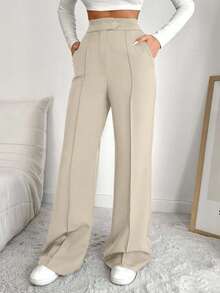EURMUSE Solid Color Wide Leg Suit Pants With Slant Pockets - Beige - View 6