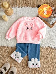 SHEIN 2pcs Baby Girls Pink Autumn Cute Family Matching Outfit,Animal Embroidery Fluffy Long Sleeve Sweatshirt And Pants With Fluffy Embroidered Hem Set - Pink - View 5