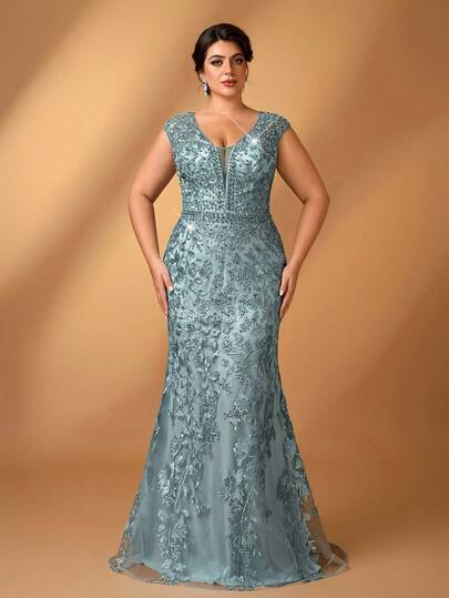 Serin 大码优雅薄荷绿奢华刺绣蕾丝亮片串珠短袖深V领连衣裙，适合婚礼、派对、活动、节日、宴会及新娘母亲复古长款正式晚礼服