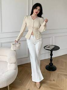 SHEIN LUNE Blusa Elegante Feminina de Cor Sólida com Manga Bufante, Abotoamento Único e Ajustada - Damasco - Visão 3