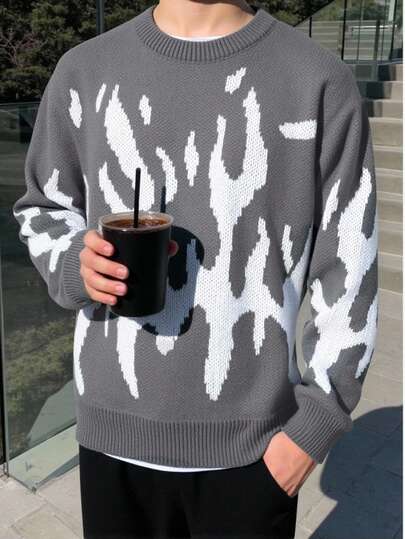 Claim Dot Suéter casual de hombre de talla grande con patrón de bloques de color, otoño/invierno