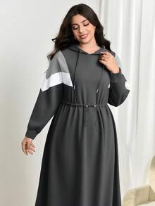 Modelyn Plus Size Color Block Hooded Waist Cinched Dress, Autumn/Winter - Grey - View 7