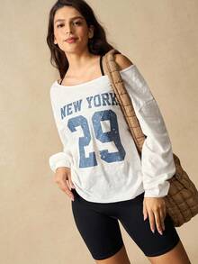 VARSIVA 女式字母印花宽松长袖运动T恤 - 白色 - 查看 2