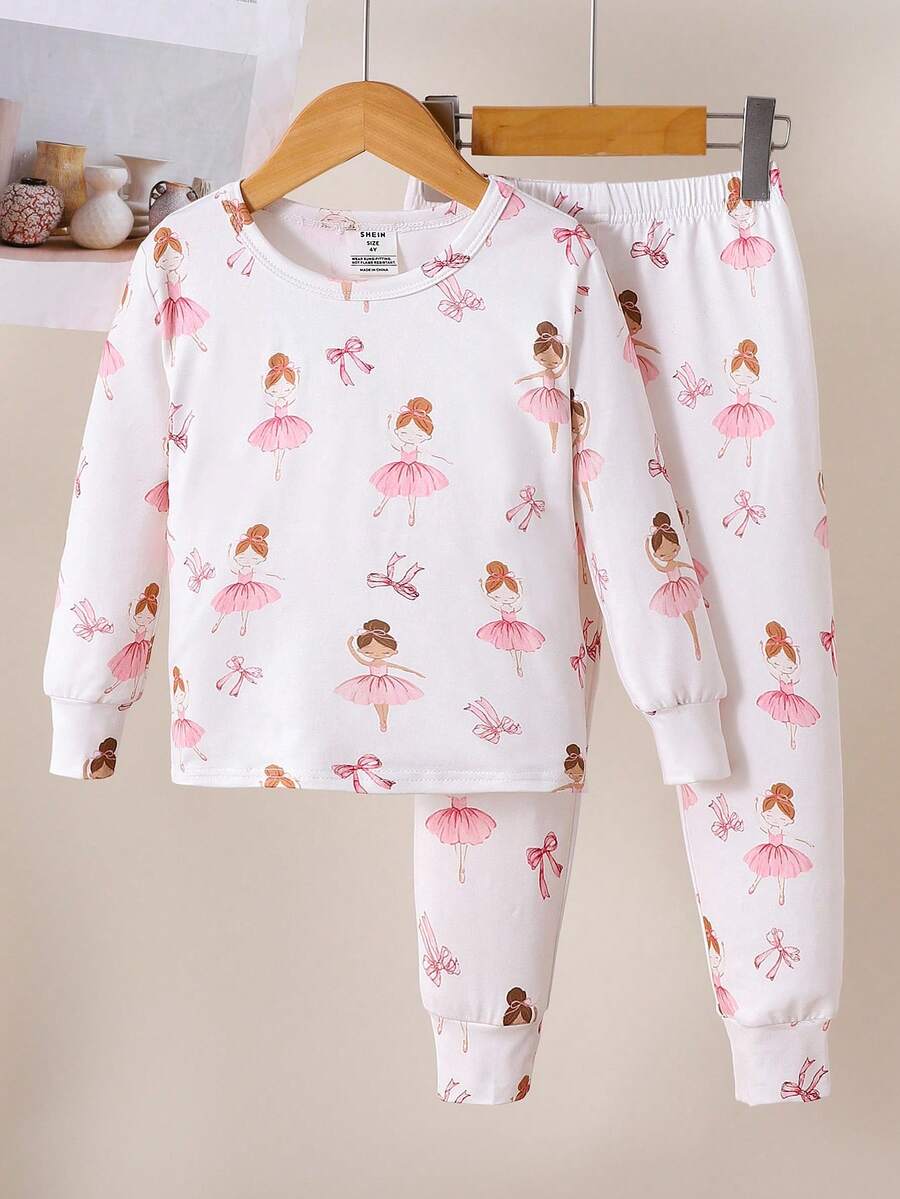 SHEIN 年轻女孩休闲舒适卡通印花圆领长袖上衣和裤子家居服套装