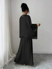 Elenzga 女士圆领蝙蝠袖衬衫和鱼尾中长裙优雅两件套 - 黑色 - 查看 2
