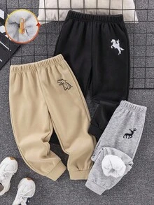 SHEIN 3 Stück Jungen Kinder Lässige Thermisch Gefütterte Loose Fit Jogginghose mit Stickerei, geeignet für Schule, Garten, Strand, Geburtstag, Herbst/Winter