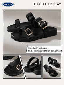 Solecia Casual Black Flat Sandals With Metal Square Buckle, Perfect For Vacation Spring Shoes Spring Break Easter For Christmas - Black - View 13