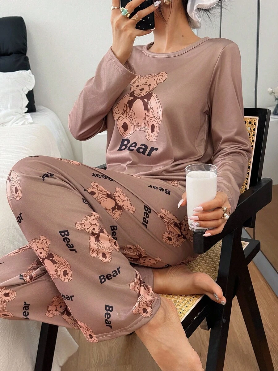 2件套女士可爱小熊印花长袖上衣和裤子睡衣套装，秋冬服装 - 彩色 - 查看 1