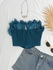 SHEIN Tall CURVE 大码女式蕾丝露肩时尚衬衫 - 水鴨藍 - 查看 2