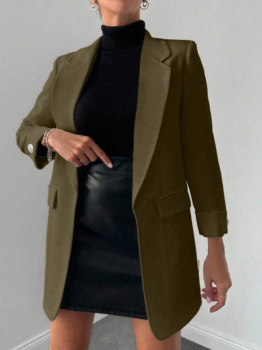 EURMUSE Women's Solid Color Blazer Jacket, Suitable For Work - Army Green - View 1