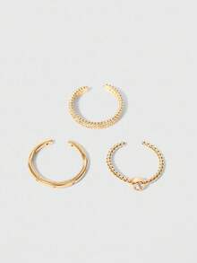 SHEIN BAE 3pcs/Set Minimalist Elegant Luxury Women's Dating Daily Vacation Copper & Cubic Zirconia Stacking Rings, Suitable For Festival Gifts - Yellow Gold - View 3