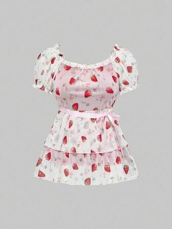 Kawaii Damen süße Puffärmel Puppenmode Erdbeere Allover Muster Top