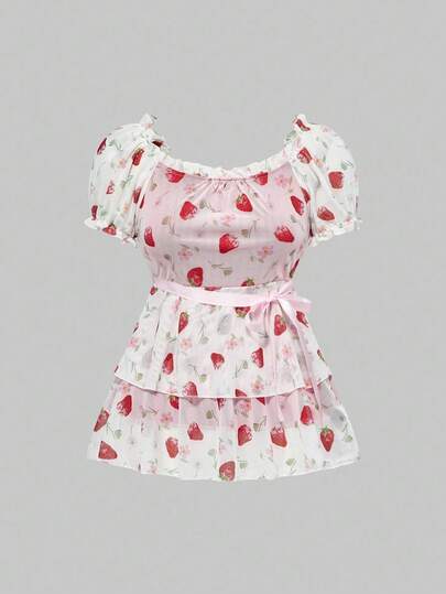 Kawaii Top à manches bouffantes avec imprimé fraise sur tout le vêtement, de style poupée mignon pour femmes