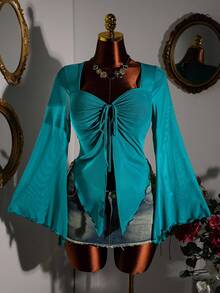 Amplova 加大码圣诞网眼透视腰喇叭袖上衣 - 綠色 - 查看 1