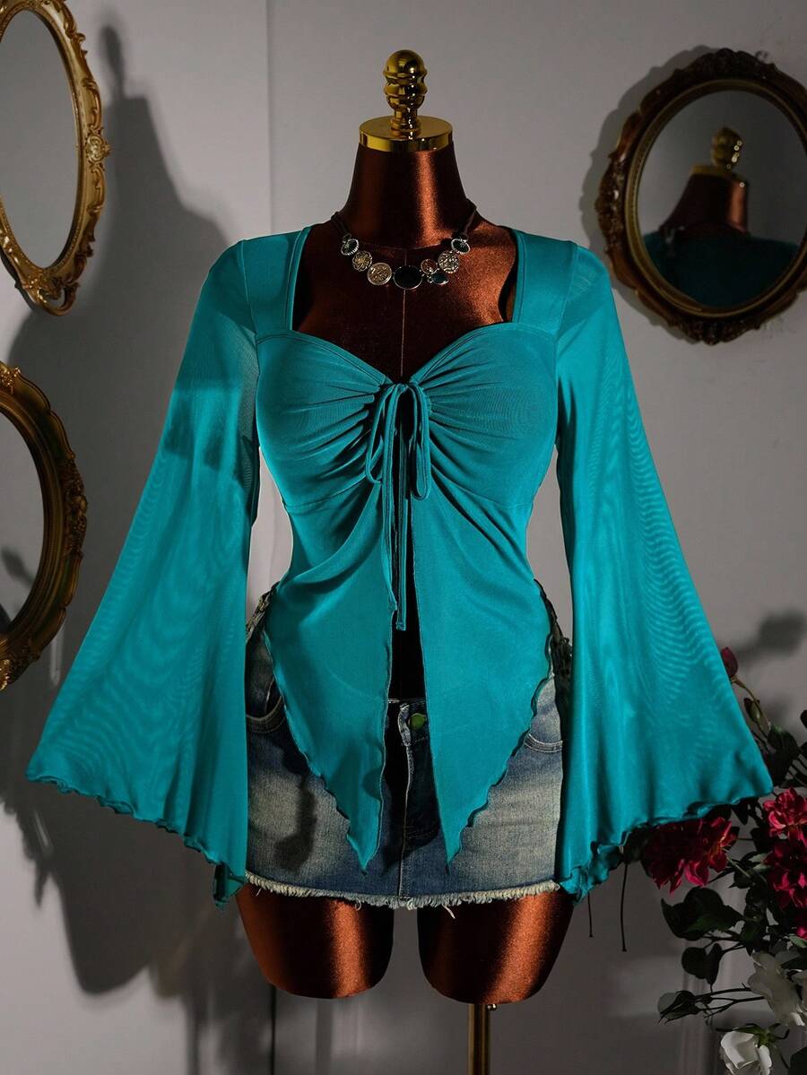 Amplova 加大码圣诞网眼透视腰喇叭袖上衣 - 綠色 - 查看 1