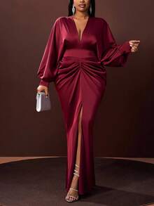 Veslaya Burgundy Autumn Elegant Formal Wedding Plus Size Women's Dress,Satin V-Neck Long Sleeve Ruched Waist Maxi Dress With High Slit For Party Date Night - Burgundy - View 8