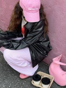 Teen Girls Black Loose Fit Leather Jacket With Motorcycle Style Fall Winter - Black - View 4