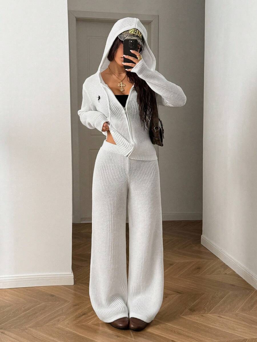 StreetHx 2pcs/Set Women Streetwear Solid Color Casual Hooded Zipper Ribbed Knit Sweater Set - Apricot - View 1