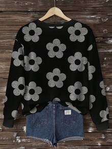 SHEIN LUNE Áo sweatshirt dài tay cổ tròn dáng rộng, họa tiết hoa tối giản, phong cách thường ngày dành cho nữ, thích hợp cho mùa thu/đông. - Nhiều màu - Xem 2
