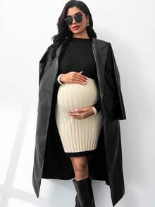 SHEIN Gaun Sweater Lengan Panjang Elegan Berkerah Bulat dengan Potongan Pas Badan dan Motif Blok Warna untuk Ibu Hamil - Hitam - View 6