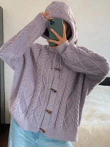 Livesso Cardigan Kasual Wanita Berkerudung dengan Kancing Tanduk, Musim Gugur - Purple - View 5