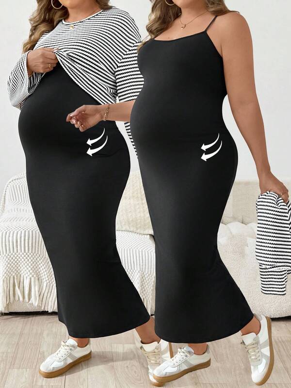 SHEIN 2 pièces/set Chemise à manches longues à épaules tombantes rayée et robe sans manches décontracté pour maternité grande taille