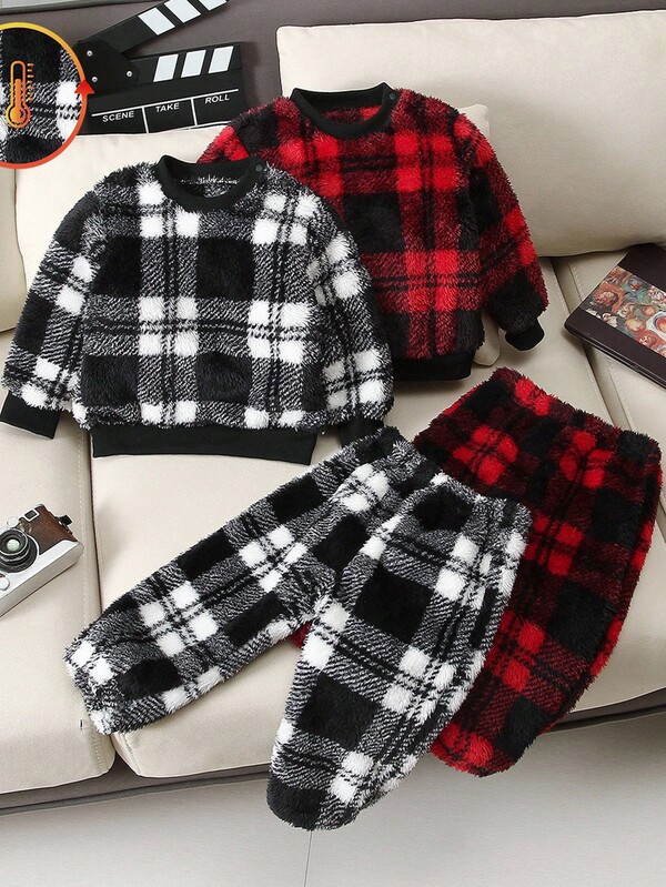 Set de 2 sudaderas de manga larga con cuello redondo, hombros semi-abiertos y estampado a cuadros de franela para niños pequeños e infantes