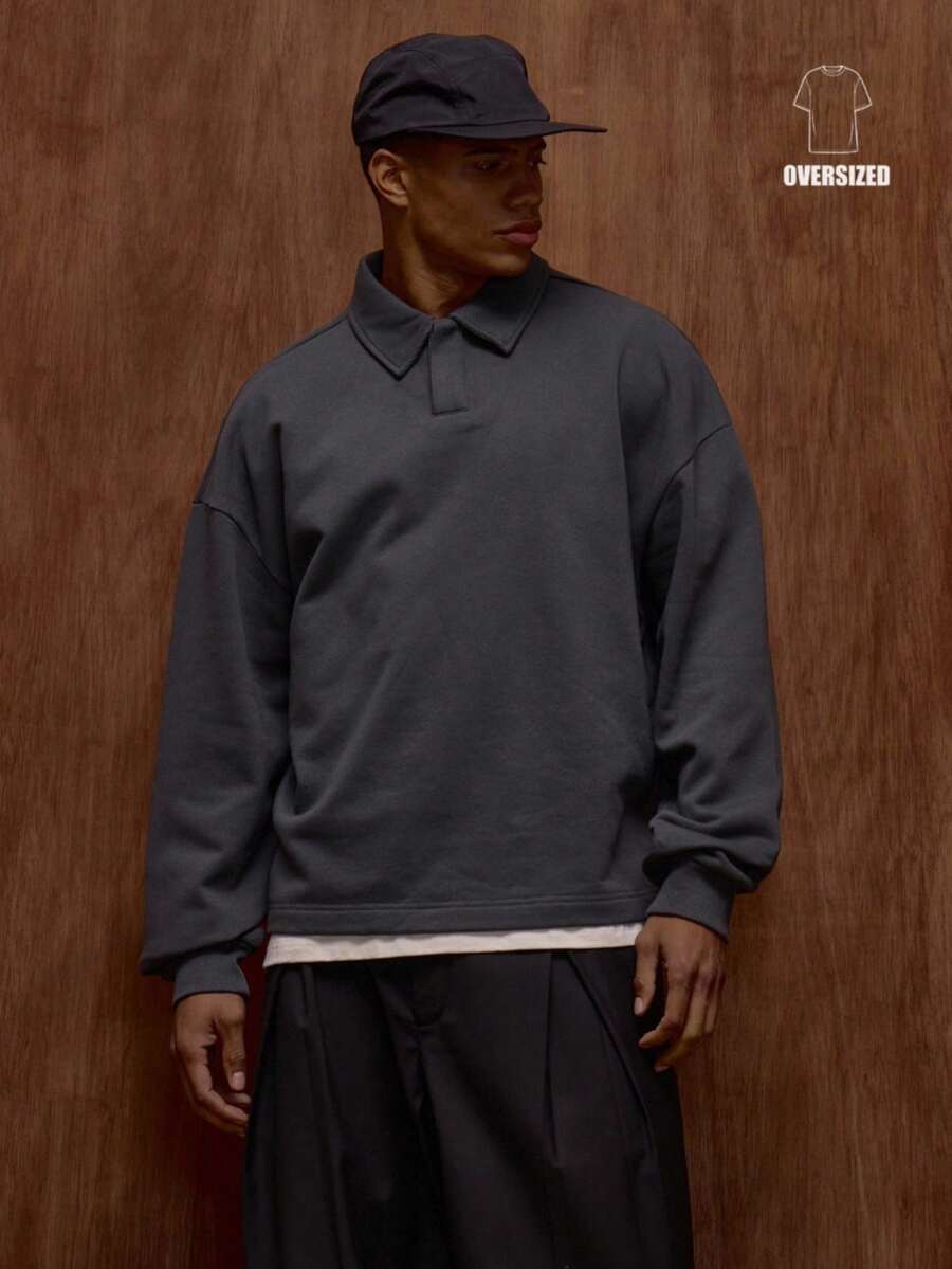 Musero 男士宽松翻领长袖隐形门襟纽扣卫衣 秋冬/春夏服装 - 深灰色 - 查看 1