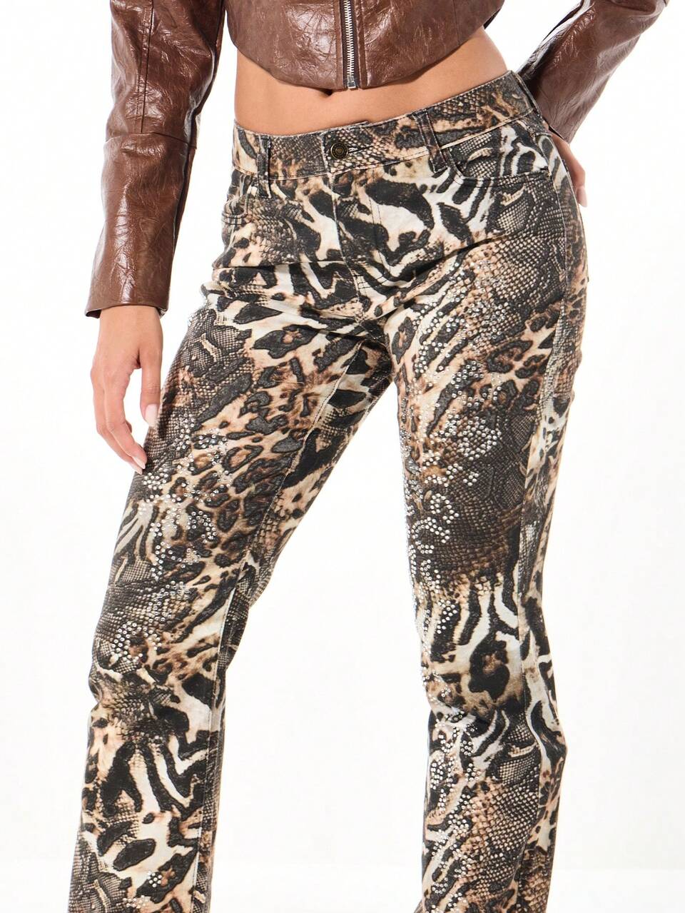 SUMWON Mixed Animal Print High Waist Flare Jeans With Crystal Embellishments Winter Fashion Statement Bottoms Y2K Fashion Retro Style